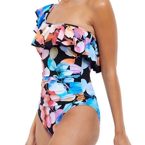 Gottex Woman Color Rush Ruffled One Shoulder black floral One Piece Swimsuit 12 - Picture 2 of 15